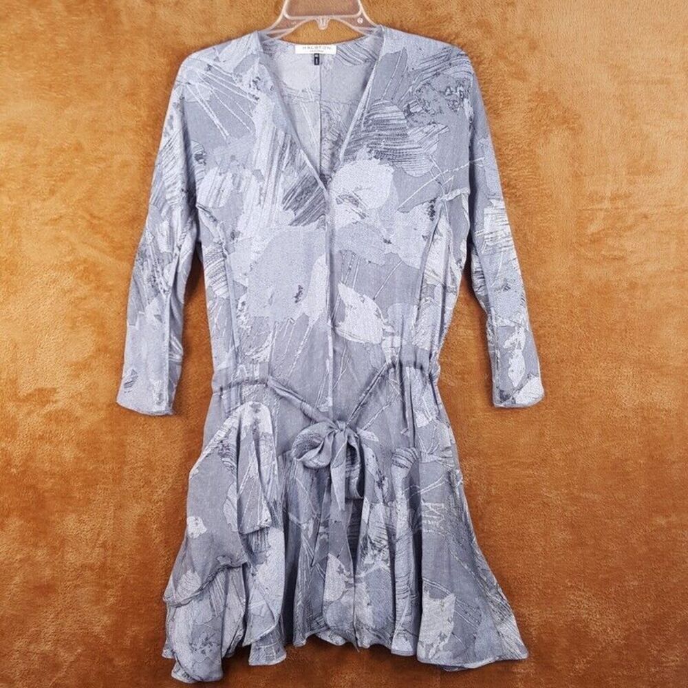 HALSTON HERITAGE Womens Dress XS Gray Floral Tie Drop Waist Ruffle Hem 100% Silk